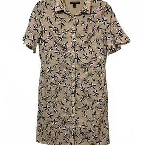 Banana Republic Beige Tan Floral Print Button Down Casual Shirt Dress Size 4